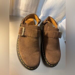 Doc Martens Brown Suede Mules with Gold Buckle